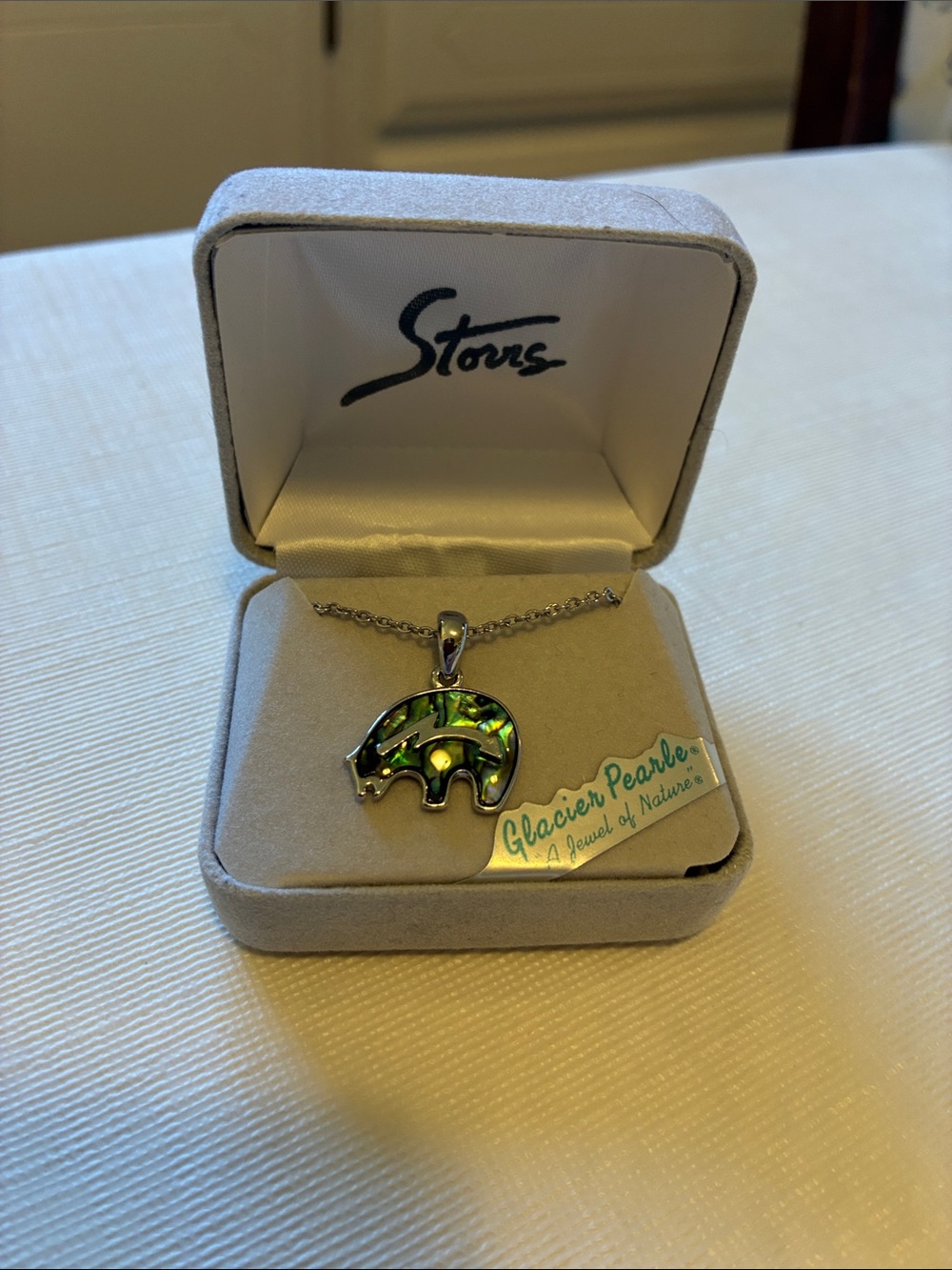 Glacier Pearle Bear Necklace with Green Abalone Inlay
